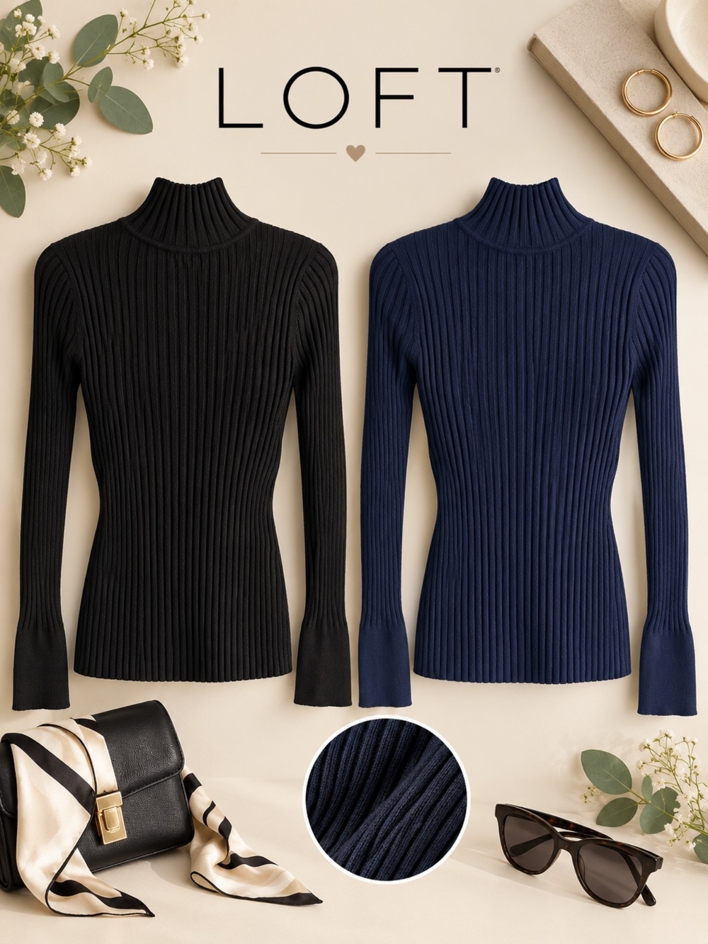 2 for 1! LOFT Minimalist Ribbed Mock Neck Sweaters x2, Blue & Black